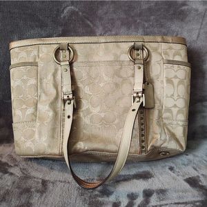 Coach F12853 Signature C Canvas Lured Metallic Gold Glitter Tote Bag Purse